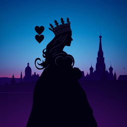 A stunning book cover that intricately features the silhouette of the playing card Queen of Hearts in striking detail, highlighting her majestic crown and heart motifs prominently in the foreground