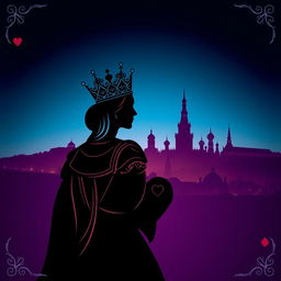 A stunning book cover that intricately features the silhouette of the playing card Queen of Hearts in striking detail, highlighting her majestic crown and heart motifs prominently in the foreground