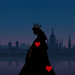 An elegant book cover design that features the silhouette of the playing card Queen of Hearts, beautifully detailed with her ornate crown and heart motifs prominently displayed in the foreground