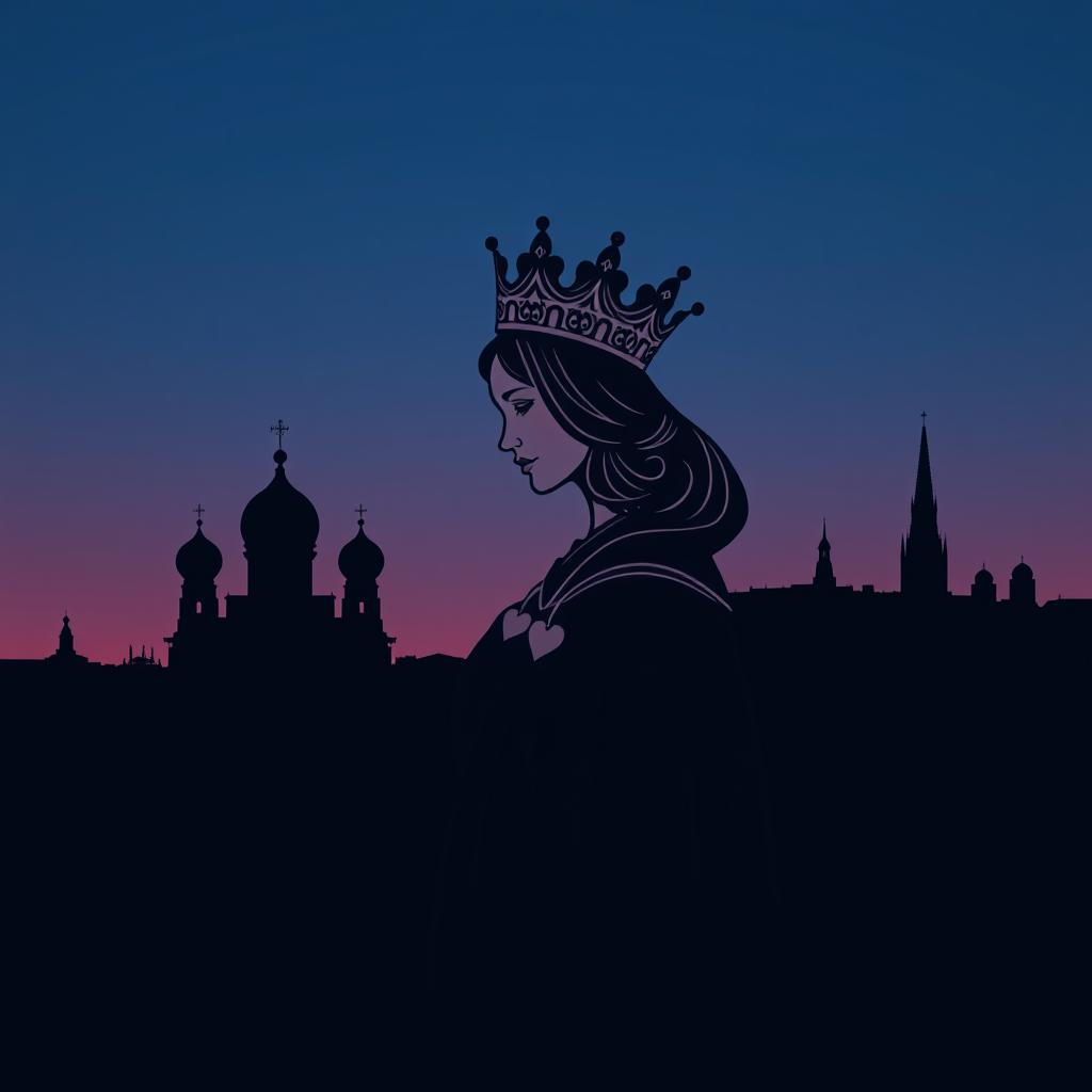 An elegant book cover design that features the silhouette of the playing card Queen of Hearts, beautifully detailed with her ornate crown and heart motifs prominently displayed in the foreground