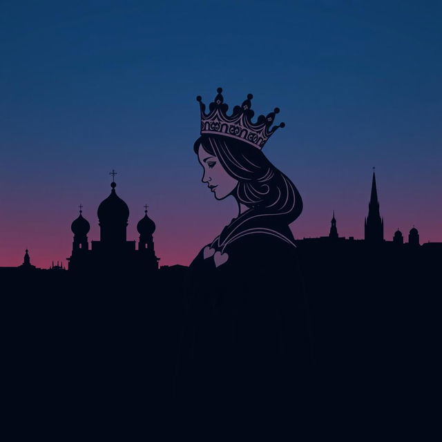 An elegant book cover design that features the silhouette of the playing card Queen of Hearts, beautifully detailed with her ornate crown and heart motifs prominently displayed in the foreground