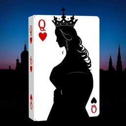 An elegant book cover design that features the silhouette of the playing card Queen of Hearts, beautifully detailed with her ornate crown and heart motifs prominently displayed in the foreground