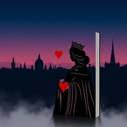 An elegant book cover design that features the silhouette of the playing card Queen of Hearts, beautifully detailed with her ornate crown and heart motifs prominently displayed in the foreground