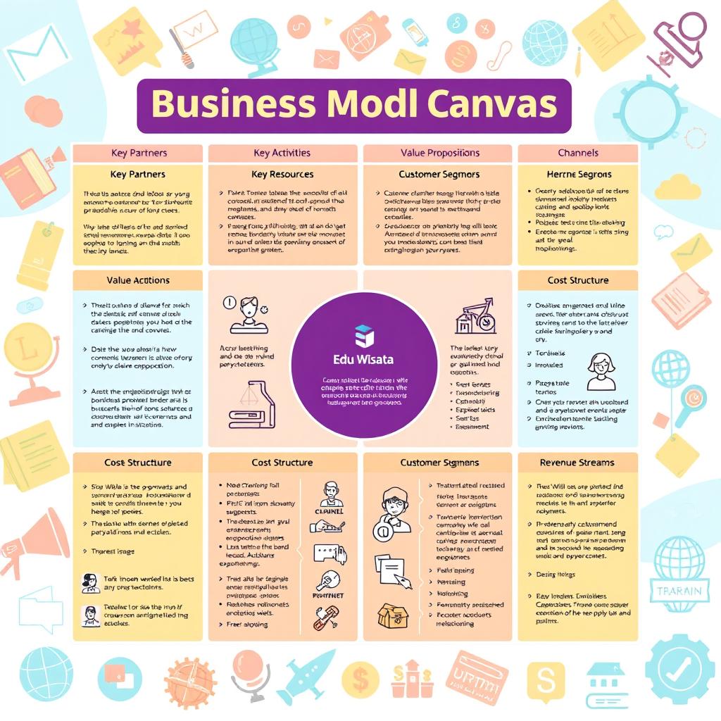 A detailed and informative illustration of a Business Model Canvas specifically designed for educational tourism (Edu Wisata)