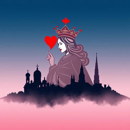 A striking book cover design that prominently features the silhouette of the playing card Queen of Hearts, adorned with her elaborate crown and distinctive heart motifs in the foreground