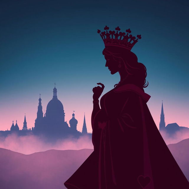 A striking book cover design that prominently features the silhouette of the playing card Queen of Hearts, adorned with her elaborate crown and distinctive heart motifs in the foreground