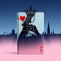 A striking book cover design that prominently features the silhouette of the playing card Queen of Hearts, adorned with her elaborate crown and distinctive heart motifs in the foreground