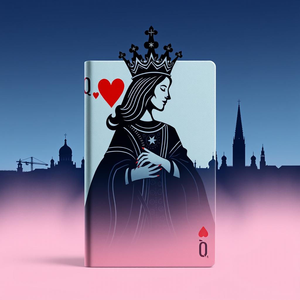 A striking book cover design that prominently features the silhouette of the playing card Queen of Hearts, adorned with her elaborate crown and distinctive heart motifs in the foreground
