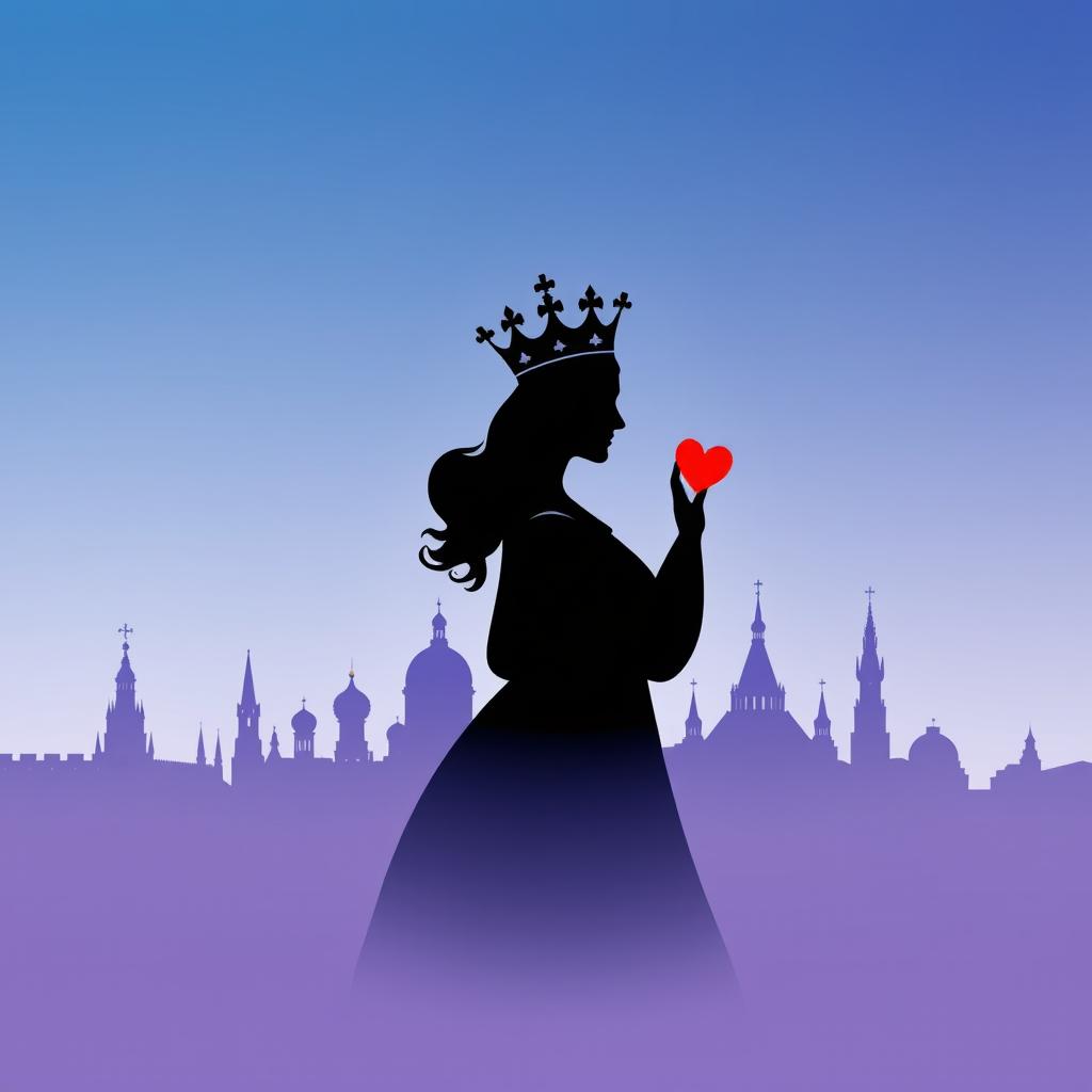 A captivating book cover design featuring the silhouette of the playing card Queen of Hearts, showcasing her regal crown and distinctive heart symbols prominently in the foreground