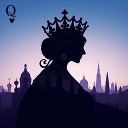 A captivating book cover design featuring the silhouette of the playing card Queen of Hearts, showcasing her regal crown and distinctive heart symbols prominently in the foreground