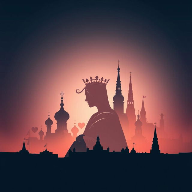 A visually stunning book cover design showcasing the silhouette of the playing card Queen of Hearts, intricately detailed with her regal crown and heart symbols in the foreground