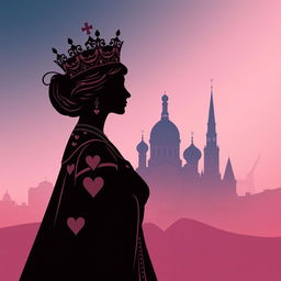 A visually stunning book cover design showcasing the silhouette of the playing card Queen of Hearts, intricately detailed with her regal crown and heart symbols in the foreground