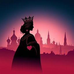 A visually stunning book cover design showcasing the silhouette of the playing card Queen of Hearts, intricately detailed with her regal crown and heart symbols in the foreground