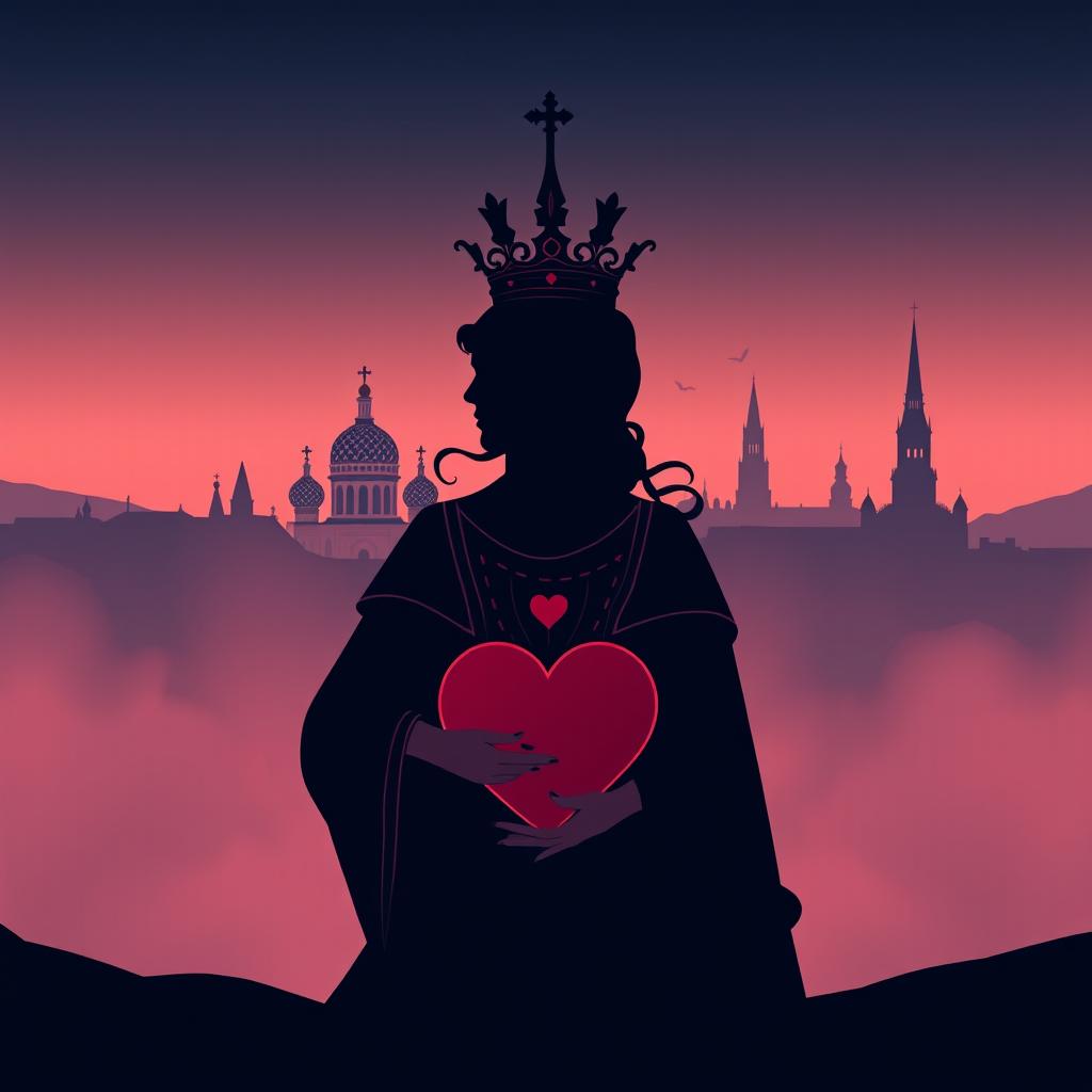 A visually stunning book cover design showcasing the silhouette of the playing card Queen of Hearts, intricately detailed with her regal crown and heart symbols in the foreground