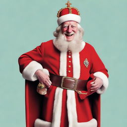 A humorous rendition of King Charles III of England dressed up as Santa Claus, donning the traditional red suit, a sack of gifts over his shoulder, and a royal crown atop the Santa hat.