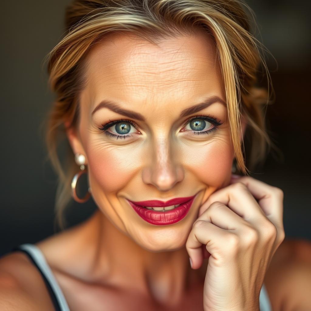 A beautiful 50-year-old woman with a flirtatious and captivating expression, looking directly at the camera