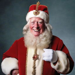 A humorous rendition of King Charles III of England dressed up as Santa Claus, donning the traditional red suit, a sack of gifts over his shoulder, and a royal crown atop the Santa hat.