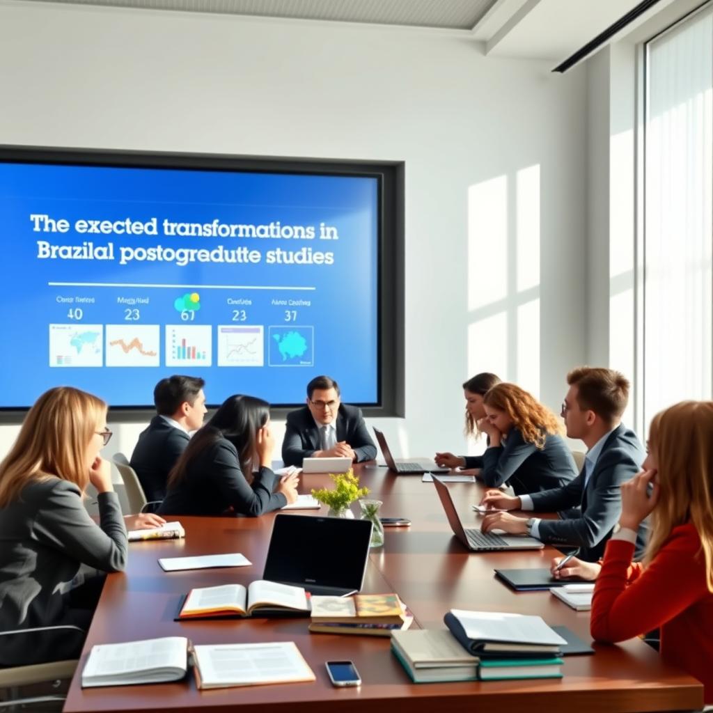 An informative seminar scene depicting a professional environment focused on 'The expected transformations in Brazilian Postgraduate Studies'