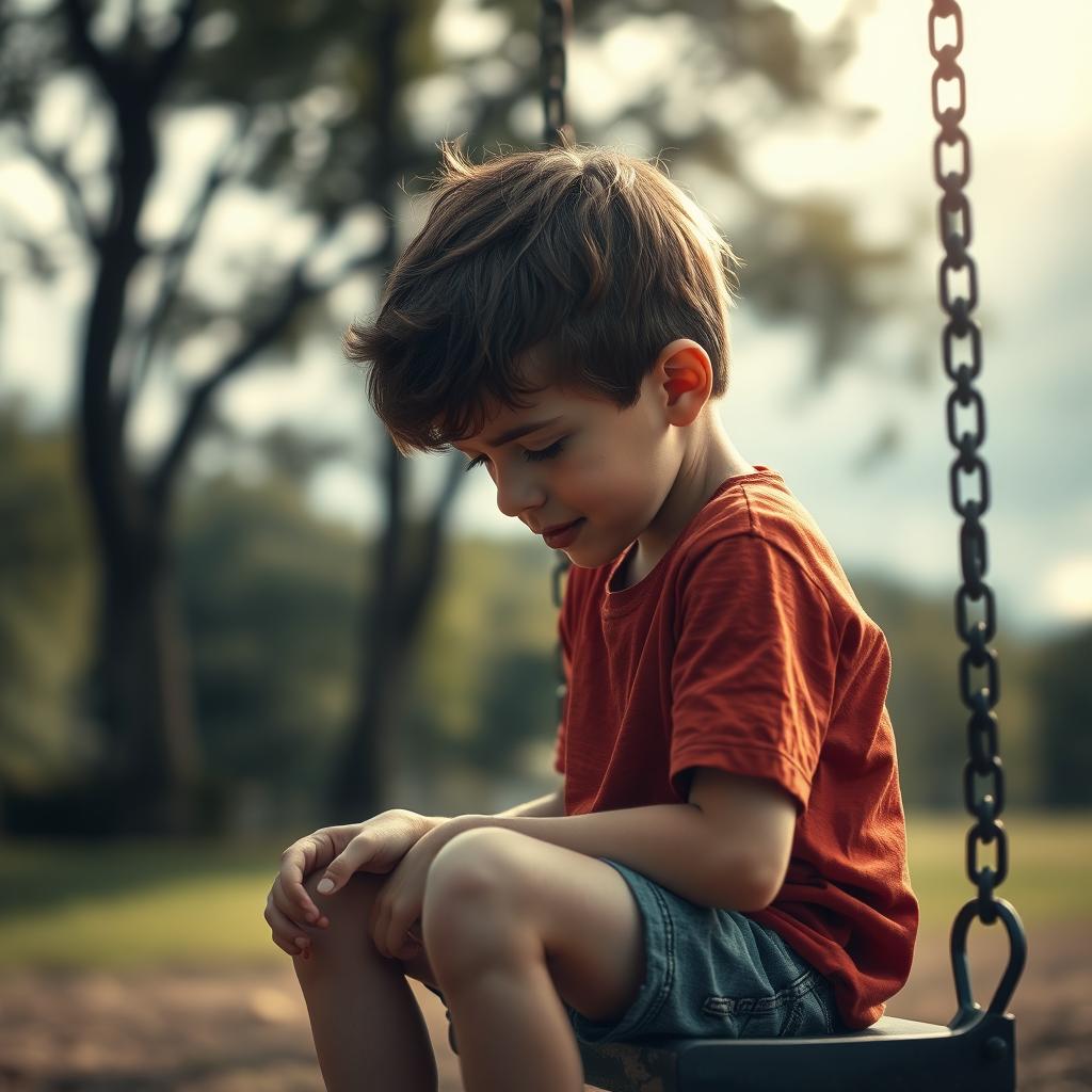 A dramatic scene depicting a young boy in a park, sitting on a swing with his head down, tears streaming down his cheeks