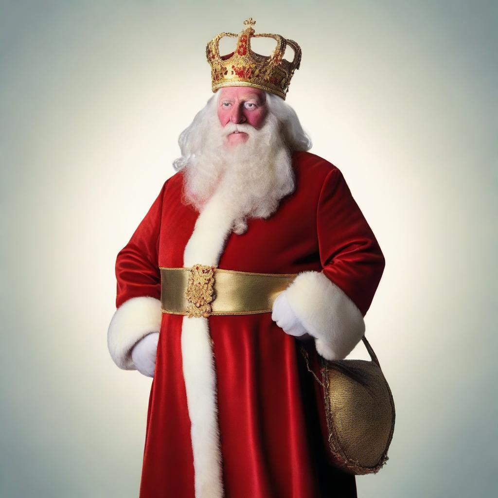 A humorous rendition of King Charles III of England dressed up as Santa Claus, donning the traditional red suit, a sack of gifts over his shoulder, and a royal crown atop the Santa hat.