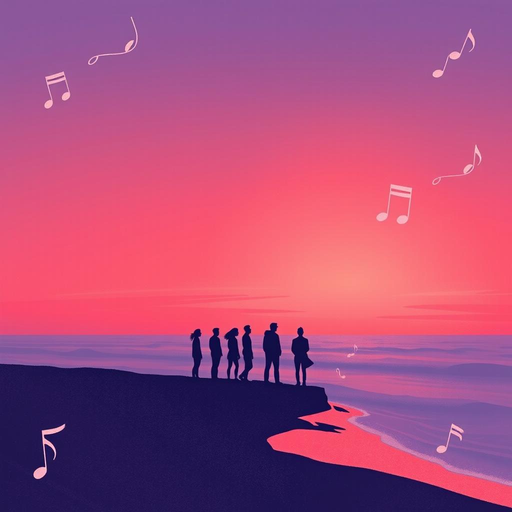 A realistic and visually striking scene featuring a dreamy gradient of twilight purples transitioning into soft coral reds, evoking the last light of a summer day