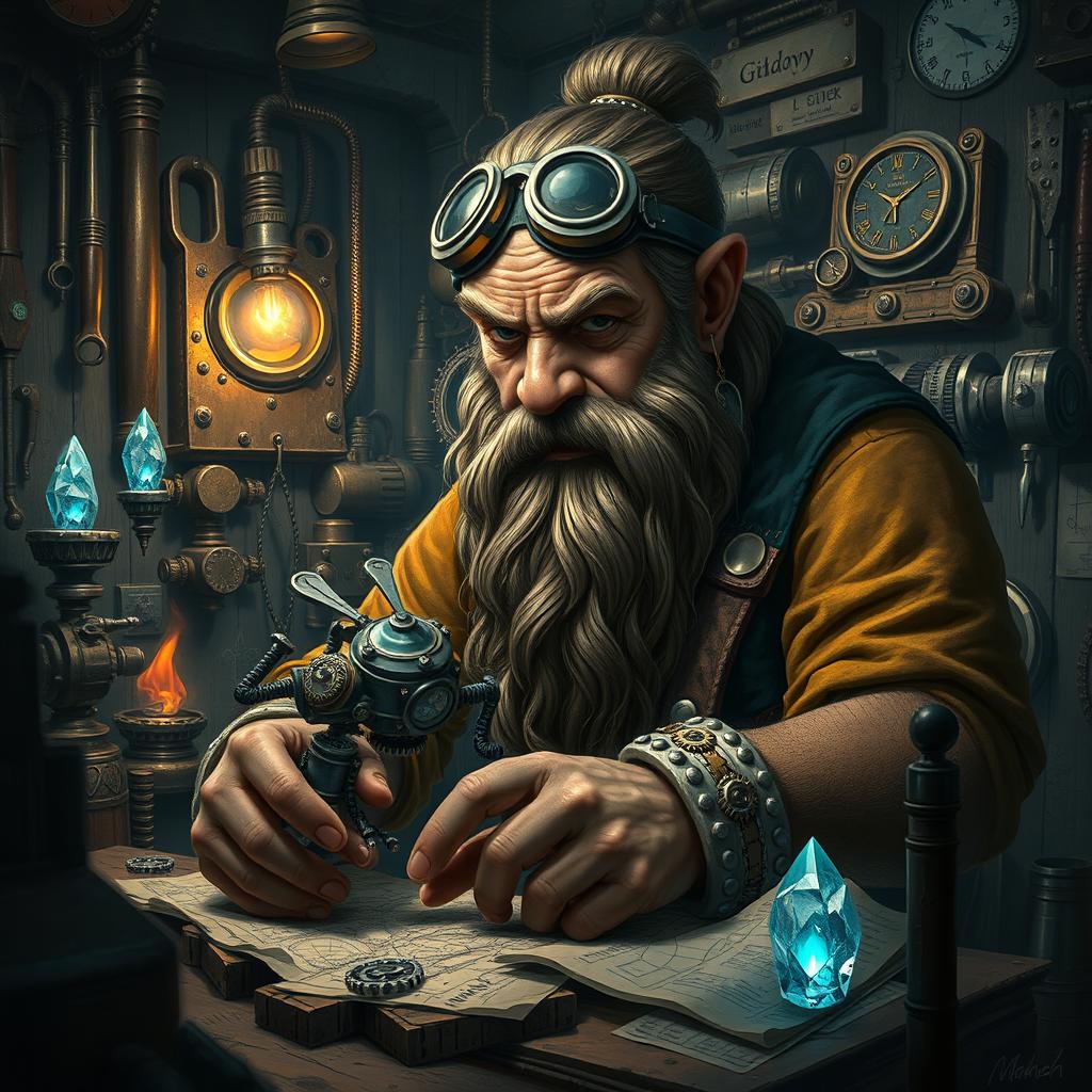 A highly detailed portrait of a dwarven artificer in a steampunk workshop, surrounded by intricate machinery and gadgets, with tools hanging from the walls