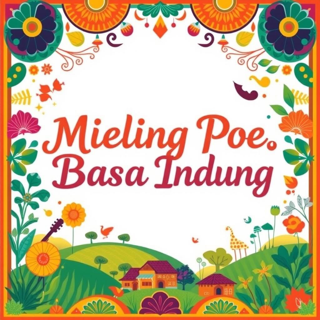 A colorful and artistic poster featuring the theme 'Mieling Poe Basa Indung' presented in beautifully stylized Sundanese script (aksara Sunda)
