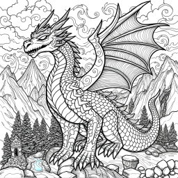 A beautifully detailed coloring page featuring a majestic dragonborne creature, elegantly designed with intricate scales, flowing wings, and a proud stance