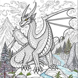 A beautifully detailed coloring page featuring a majestic dragonborne creature, elegantly designed with intricate scales, flowing wings, and a proud stance