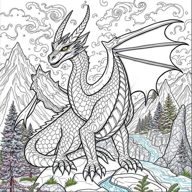 A beautifully detailed coloring page featuring a majestic dragonborne creature, elegantly designed with intricate scales, flowing wings, and a proud stance