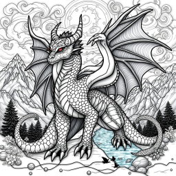 A beautifully detailed coloring page featuring a majestic dragonborne creature, elegantly designed with intricate scales, flowing wings, and a proud stance