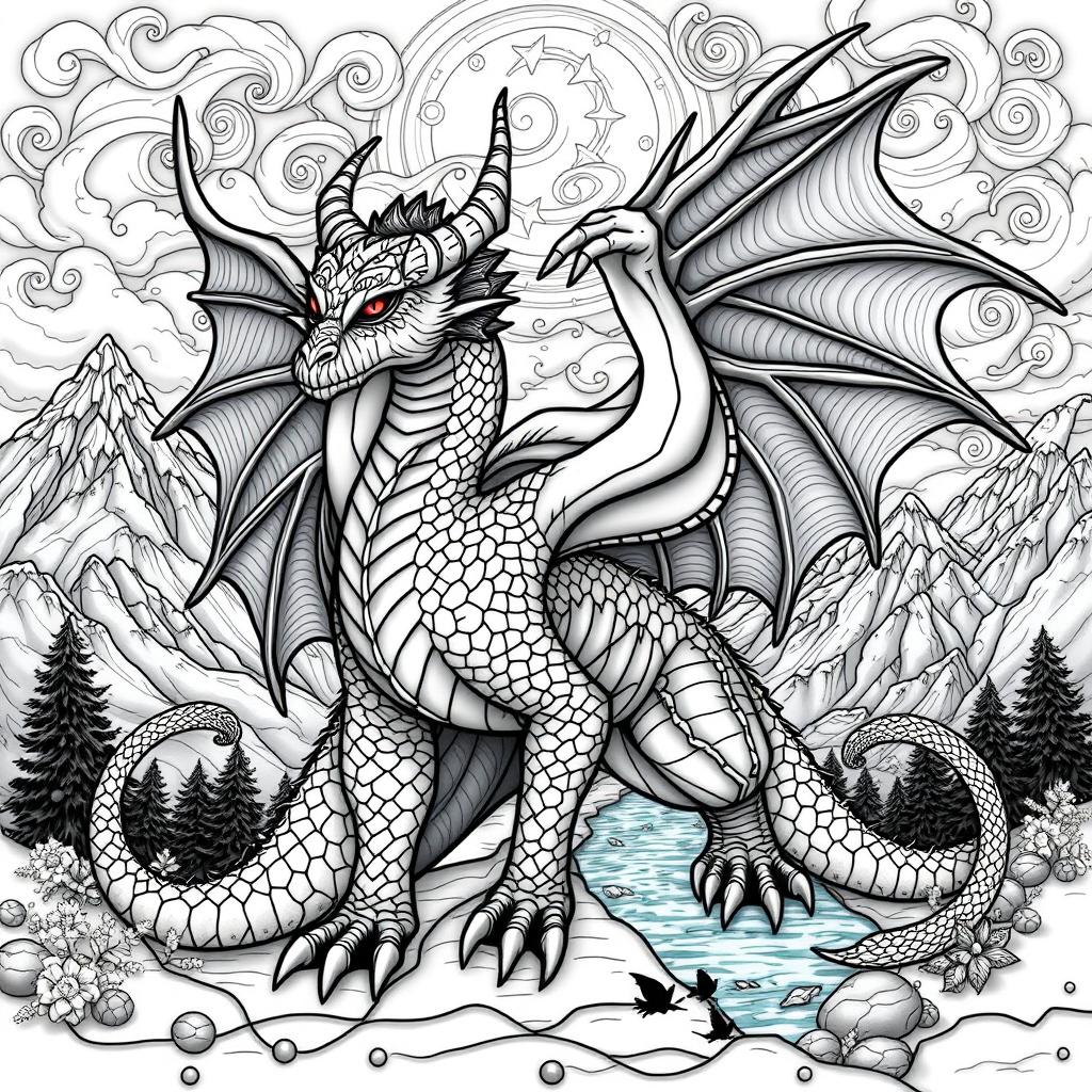 A beautifully detailed coloring page featuring a majestic dragonborne creature, elegantly designed with intricate scales, flowing wings, and a proud stance