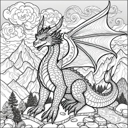 A beautifully detailed coloring page featuring a majestic dragonborne creature, elegantly designed with intricate scales, flowing wings, and a proud stance