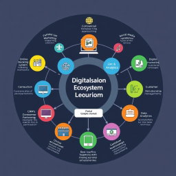 A comprehensive illustration of a Digitalization Ecosystem in Tourism, designed as a detailed diagram