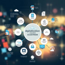 A comprehensive illustration of a Digitalization Ecosystem in Tourism, designed as a detailed diagram