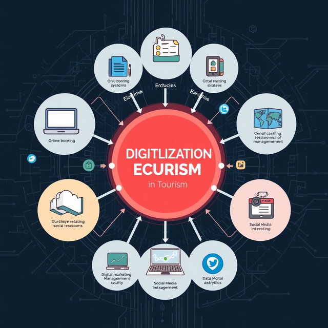 A comprehensive illustration of a Digitalization Ecosystem in Tourism, designed as a detailed diagram