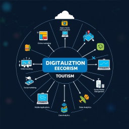 A comprehensive illustration of a Digitalization Ecosystem in Tourism, designed as a detailed diagram