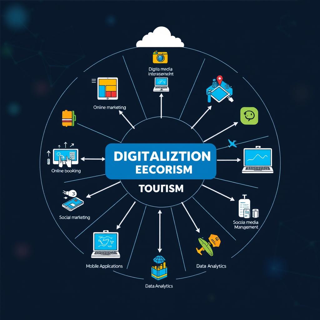A comprehensive illustration of a Digitalization Ecosystem in Tourism, designed as a detailed diagram