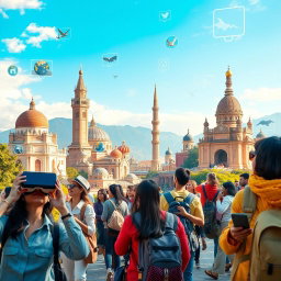 A vibrant digital ecosystem in tourism, featuring advanced technology integration like virtual reality tours, AI travel assistants, and smart travel apps