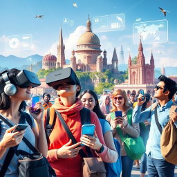 A vibrant digital ecosystem in tourism, featuring advanced technology integration like virtual reality tours, AI travel assistants, and smart travel apps