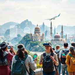 A vibrant digital ecosystem in tourism, featuring advanced technology integration like virtual reality tours, AI travel assistants, and smart travel apps