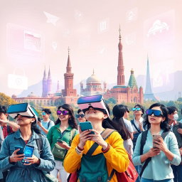 A vibrant digital ecosystem in tourism, featuring advanced technology integration like virtual reality tours, AI travel assistants, and smart travel apps