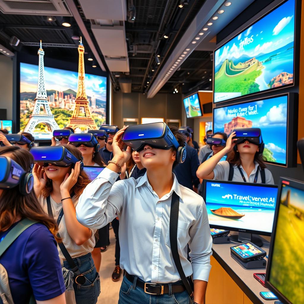 An immersive scene showcasing the application of Virtual Reality in tourism, featuring a vibrant, bustling VR travel agency filled with customers experiencing virtual tours