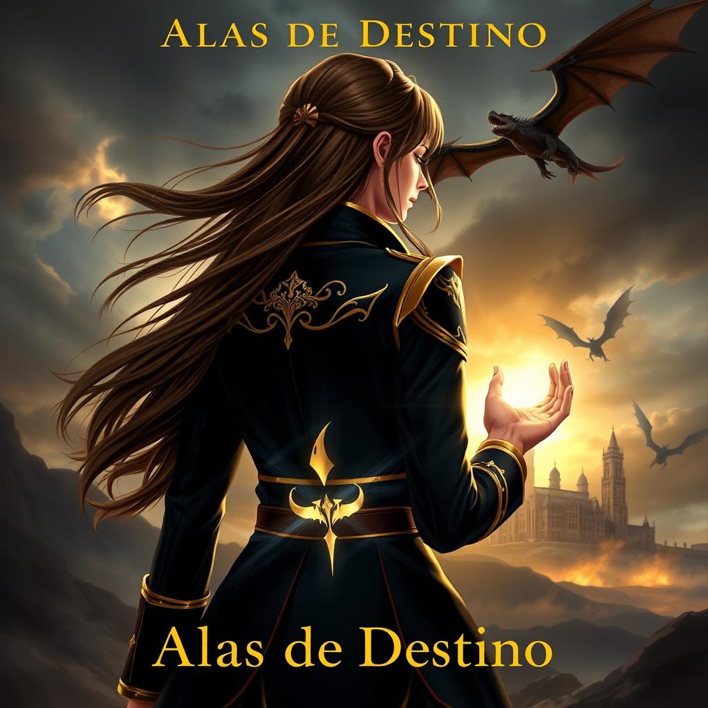 A book cover titled 'Alas de Destino' depicting Neriem Sorrengail from behind