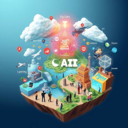 An intricate visual representation showcasing the relationship between AI, Big Data, IoT, and Blockchain in the context of optimizing tourism destination management