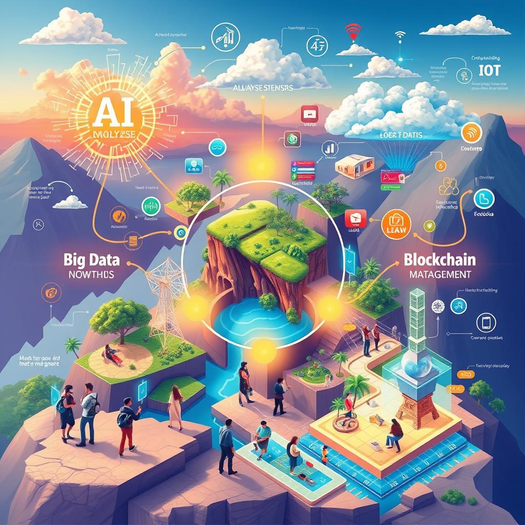 An intricate visual representation showcasing the relationship between AI, Big Data, IoT, and Blockchain in the context of optimizing tourism destination management