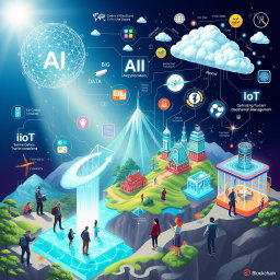 An intricate visual representation showcasing the relationship between AI, Big Data, IoT, and Blockchain in the context of optimizing tourism destination management
