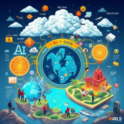 An intricate visual representation showcasing the relationship between AI, Big Data, IoT, and Blockchain in the context of optimizing tourism destination management