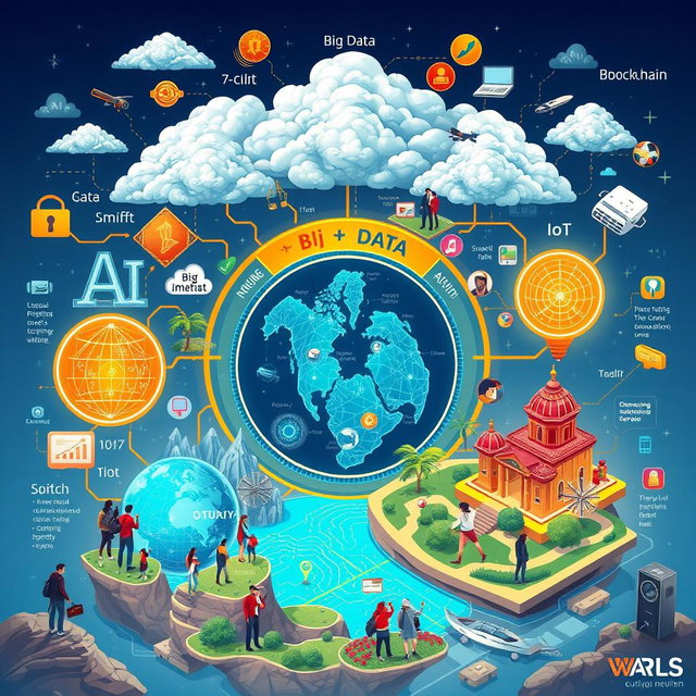 An intricate visual representation showcasing the relationship between AI, Big Data, IoT, and Blockchain in the context of optimizing tourism destination management