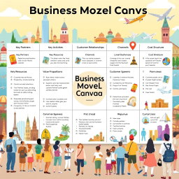 An engaging illustration of a Business Model Canvas tailored for the tourism industry, featuring each segment clearly labeled